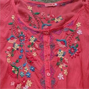 Johnny Was coral embroidered floral tunic top